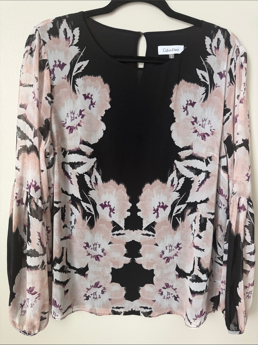 Calvin Klein Black Blouse with Soft Pink and Mauve Floral Print - Picture 1 of 11